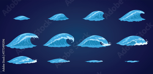 Animation water wave frame set. Water splash for animation and visual effects. Sea or ocean wave with drops or splatters. Cartoon vector illustration