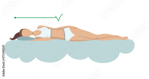Correct sleeping body posture. Healthy sleeping position spine on orthopedic mattress and pillow. Caring for health of back, neck. Vector illustration