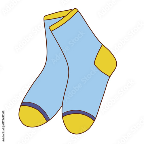 Vector illustration of warm knitted socks in blue and yellow. Cozy and colorful winter clothing design, perfect for textile prints, fashion sketches, and handmade craft projects.