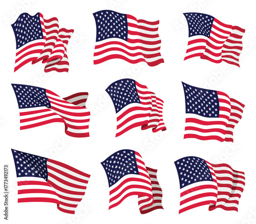 USA flags set. American national flags waving symbols isolated on white background. Banner design elements