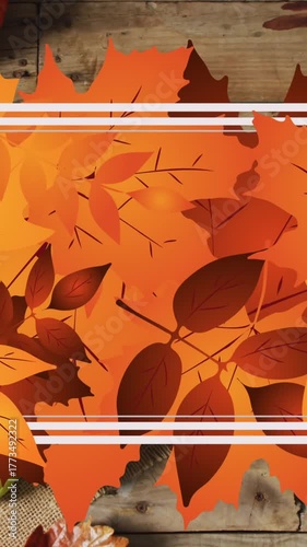 Animation of white frame and autumn leaves over thanksgiving dinner background