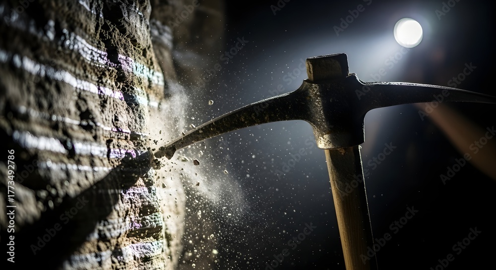 Fototapeta premium Mining exploration in a dimly lit cave with a pickaxe shining on a rock surface