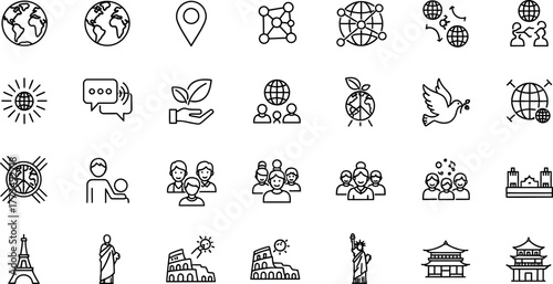 Collection of hand drawn icons representing travel tourism and global destinations