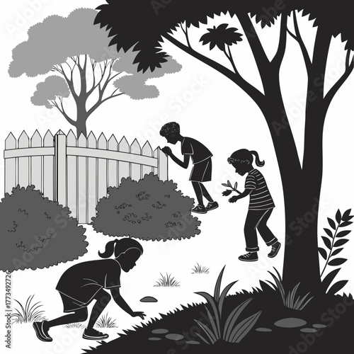 Children playing hide and seek in the backyard