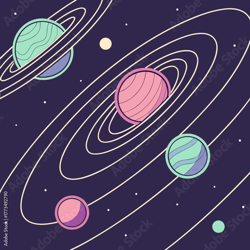 Cosmic planets with rings and stars in space vector illustration