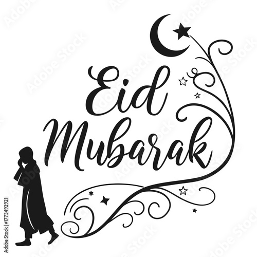 Eid mubarak calligraphy with silhouette of a woman