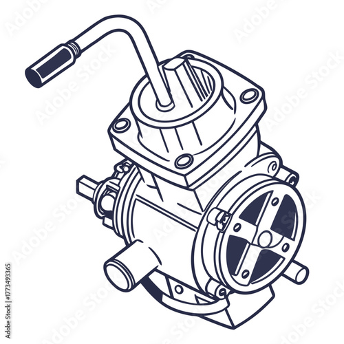 Isometric line art illustration of a car engine