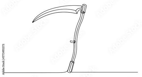 One continuous line drawing of a scythe. Grim Reaper weapon symbol of death and Halloween. Minimalist vector line art.