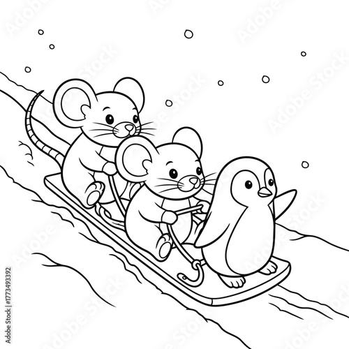 Cute Winter Mice and Penguin Sledding Vector Illustration
