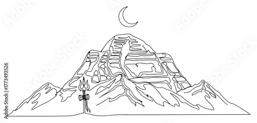 One continuous line drawing of Mount Kailash with Shiva's Trishul. Sacred Hindu pilgrimage site in the Himalayas. Minimalist spiritual landscape vector illustration.