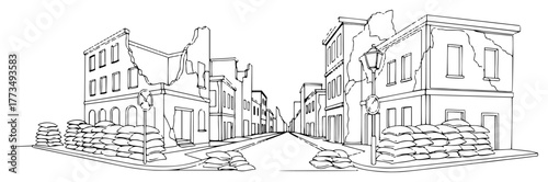 Continuous one line drawing of a ruined city street after war with destroyed buildings and sandbag barricades. Warzone conflict and destruction concept minimalist vector art illustration.