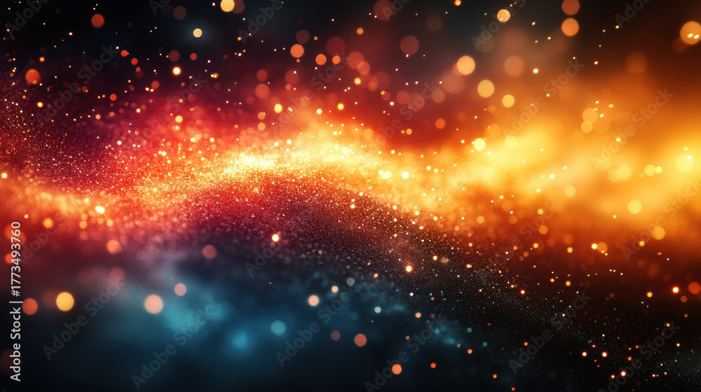 Obraz premium Abstract glowing particle waves with bright golden and orange sparks flowing dynamically on dark background. Cinematic texture with shimmering movement and festive atmosphere.