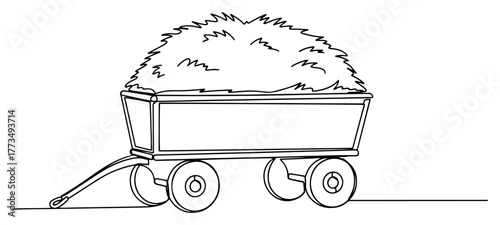 One continuous line drawing of a farm cart filled with hay. Rustic agricultural trailer for harvest. Minimalist vector illustration of countryside transport.
