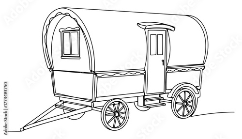One continuous line drawing of a vintage gypsy caravan. Traditional Romani vardo wagon for bohemian lifestyle. Minimalist vector travel illustration.