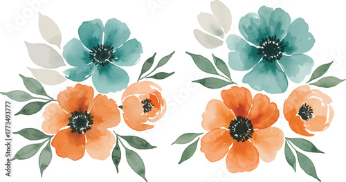 Watercolor floral arrangement with teal and orange flowers and green foliage
