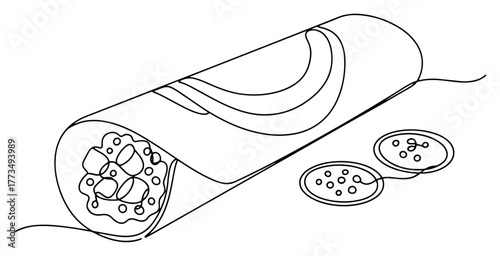 One continuous line drawing of a delicious burrito wrap. Mexican fast food concept. Minimalist vector illustration for restaurant menu or logo.