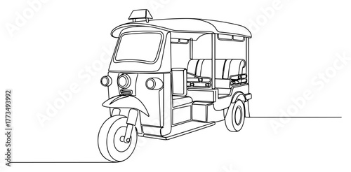 One continuous line drawing of a Tuk Tuk. Asian auto rickshaw traditional taxi transport. Minimalist vector illustration for travel concept.