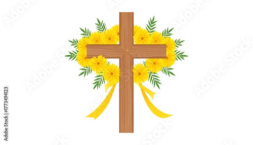 Wooden Cross with Yellow Flowers and Ribbons - A Symbol of Faith.