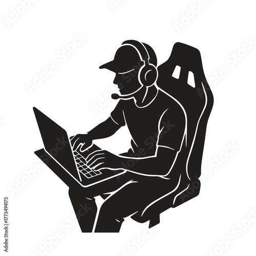 vector silhouette illustration of a gamer wearing a headset sitting on a gaming chair playing a game on his laptop