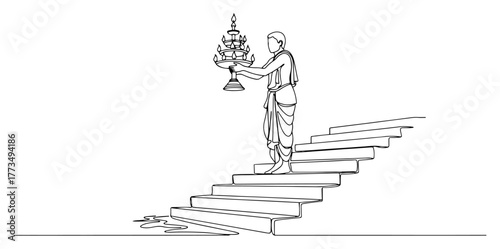 Priest performing Ganga Aarti ceremony in Varanasi continuous single line drawing Hindu ritual on Ganges river vector