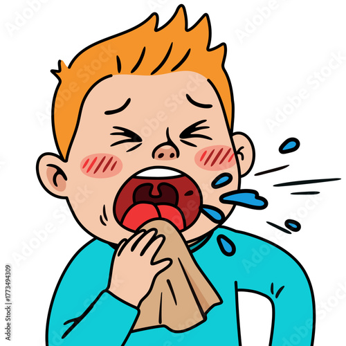 Boy sneezing into a napkin. Illustration of a kid with symptoms of a cold or allergy. Medical concept for health campaign.