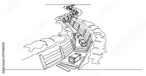 Continuous one line drawing of a World War I trench. Historical military battlefield and warfare concept minimalist hand drawn vector illustration.