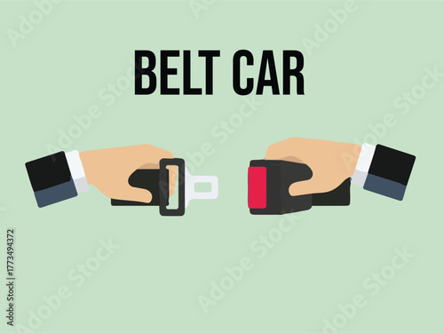 Two hands, wearing suit jackets, are fastening a car seat belt against a light green background.