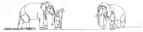 Man with trishul leading a decorated temple elephant continuous one line drawing Indian religious festival procession vector illustration