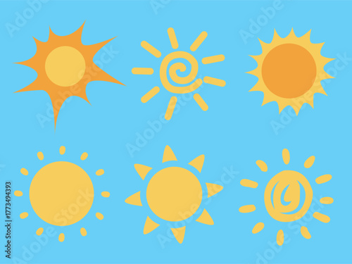 Six different stylized sun illustrations in yellow and orange against a light blue background, showcasing various artistic interpretations of the sun.