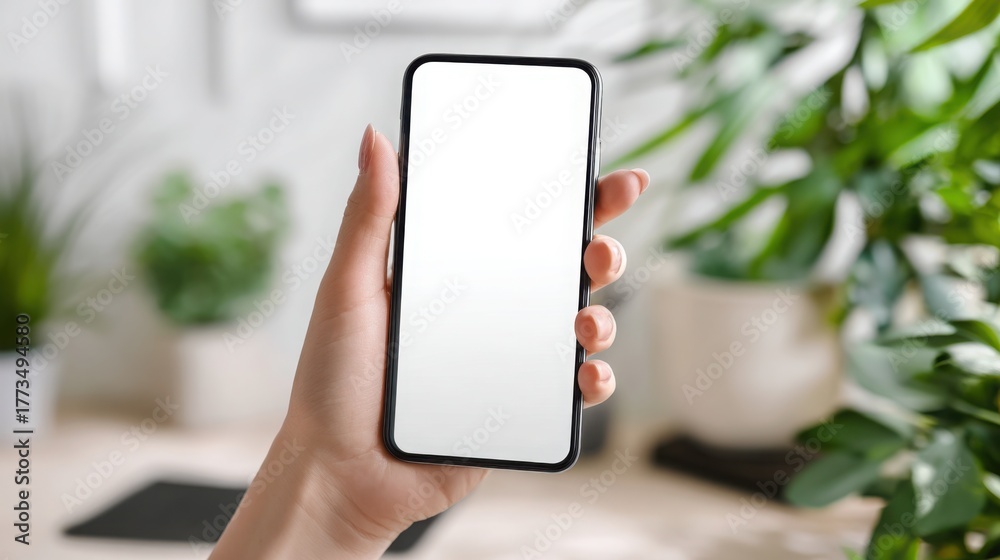 Naklejka premium Close-up of female hand holding a modern smartphone with empty white screen, ready for app design or mockup display.