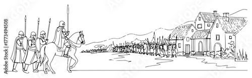 Tableau sur toile Medieval knights army marching past a village continuous one line drawing Histor