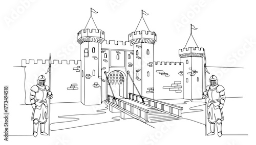 One continuous line drawing of a medieval castle with a drawbridge and guards. Fantasy kingdom fortress and historical architecture concept minimalist vector illustration.