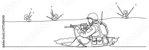 Modern soldier in combat on battlefield under fire continuous one line drawing Military conflict and war concept vector illustration