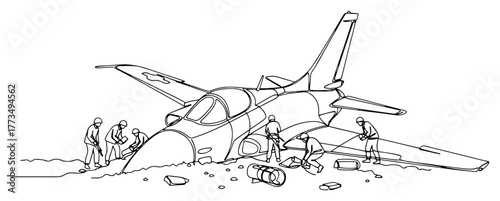 Crashed military jet fighter plane wreckage continuous one line drawing Air force accident and war conflict scene vector