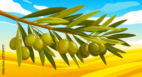 Vector illustration of a fresh olive branch with green olives hanging over a golden agricultural field under a sunny blue sky