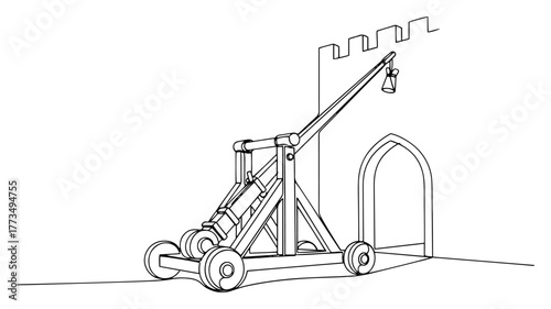 Medieval trebuchet siege engine at castle gate continuous one line drawing Historical war weapon vector illustration