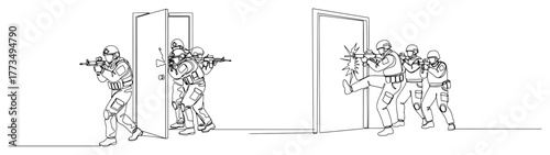 Single continuous line drawing of a SWAT team breaching a door during a raid. Special forces police tactical operation concept minimalist vector illustration.
