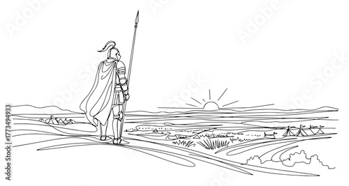 Knight in armor overlooking army camp at sunrise. Continuous one line drawing vector