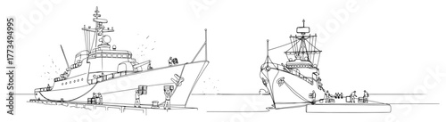 Photography One continuous line drawing of a modern warship and an old sailing ship docked together