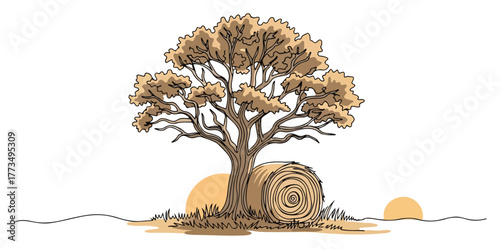 Old oak tree with hay bale in rural field at sunset. Continuous one line drawing vector