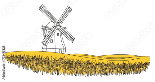 Traditional windmill in golden wheat field. Rural agricultural landscape line art vector