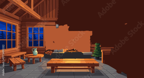 Cozy Cabin Interior A Tranquil Evening Scene in Rustic Wooden Lodge
