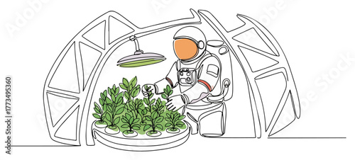 Astronaut watering plants in space station greenhouse. Continuous one line drawing vector