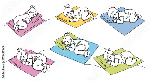 Group of cute sleeping babies during kindergarten nap time. Continuous one line drawing vector