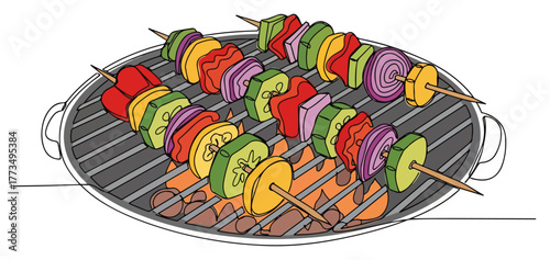 Vegetable skewers grilling on a barbecue. Continuous one line drawing vector