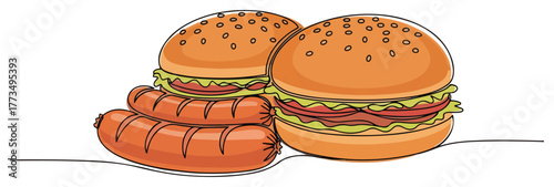 Delicious hamburgers and sausages fast food combo. Continuous one line drawing vector
