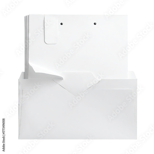 Stack of white paper documents emerging from a white envelope, lit from above