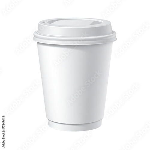 A digitally rendered, isolated white paper cup with lid against a stark black background