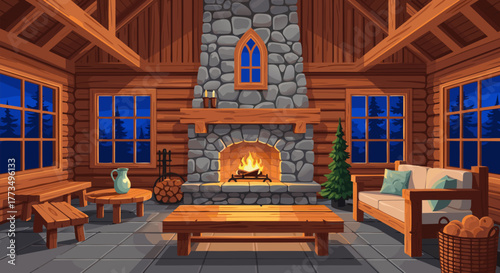 Cozy Cabin Interior with Fireplace at Night Pixel Art Illustration