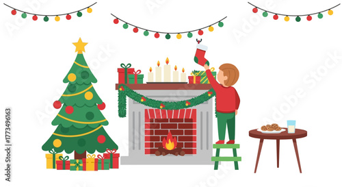 A child hangs a stocking on the fireplace on Christmas Eve.
